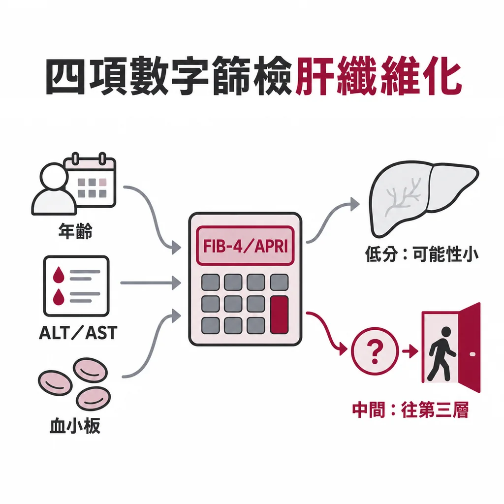 FIB-4 與 APRI 只用年齡、ALT、AST、血小板四個常規數字計算，分數低纖維化可能性小，落在中間才往第三層走
