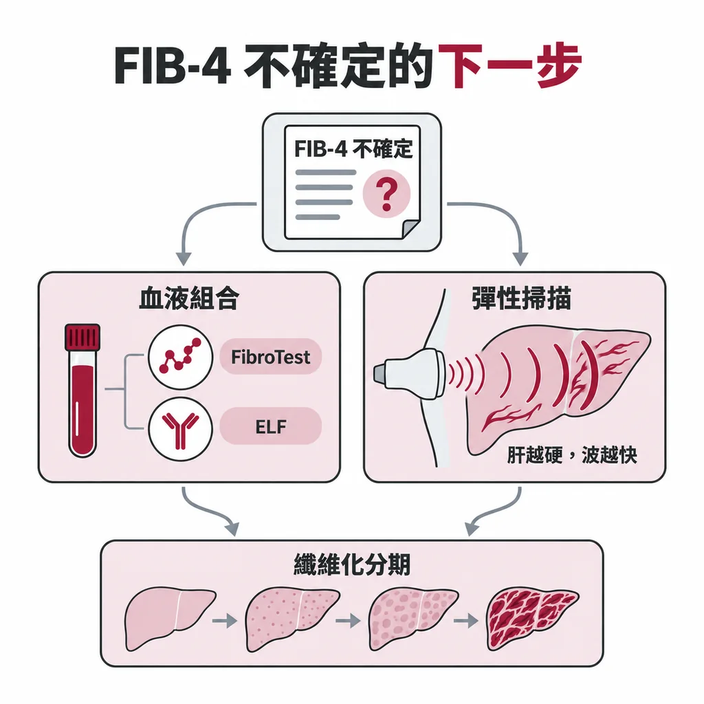 FIB-4 看不出結論時，下一步可用 FibroTest、ELF 等血液組合，或用彈性掃描替肝纖維化分期
