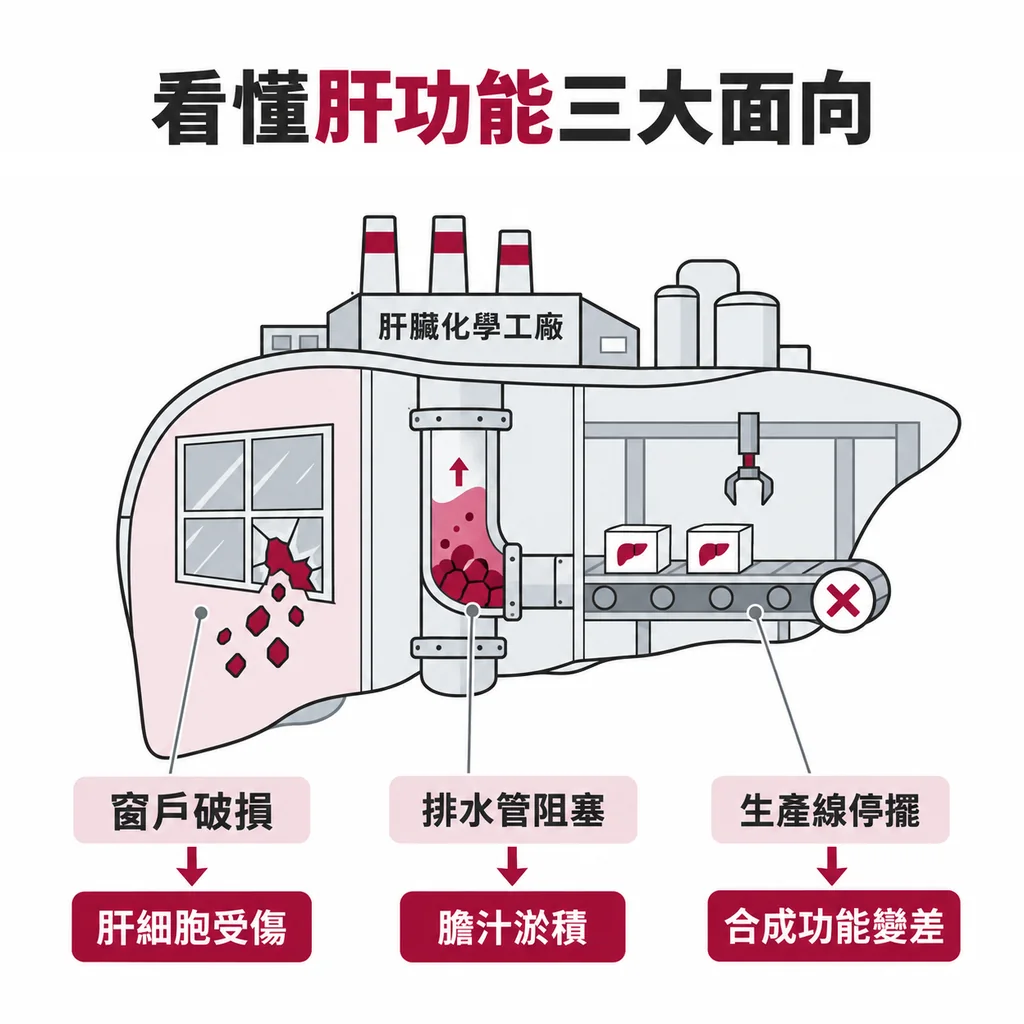 把肝臟比成化工廠：窗戶破了代表肝細胞受傷，排水管塞了代表膽汁淤積，生產線停了代表合成功能變差