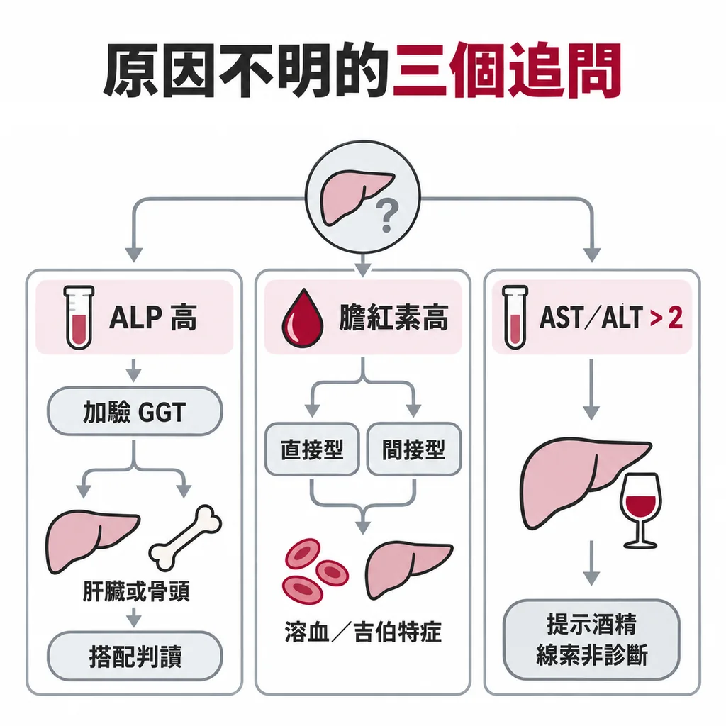 原因不明時的三個追問：ALP 高加驗 GGT 分辨肝或骨頭、膽紅素分直接與間接、AST/ALT 比值大於 2 提示酒精
