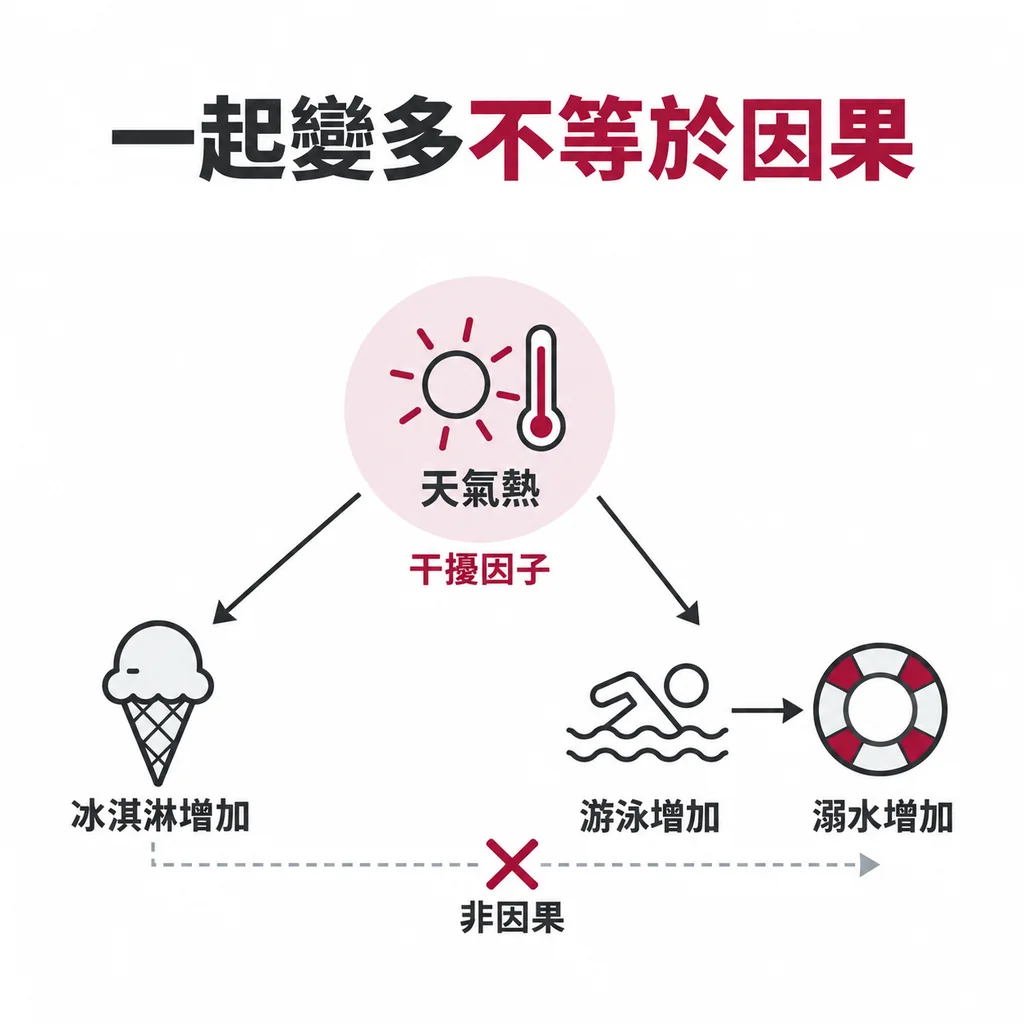 冰淇淋和溺水一起變多，背後的原因是天氣熱：干擾因子會讓兩件事看起來像因果