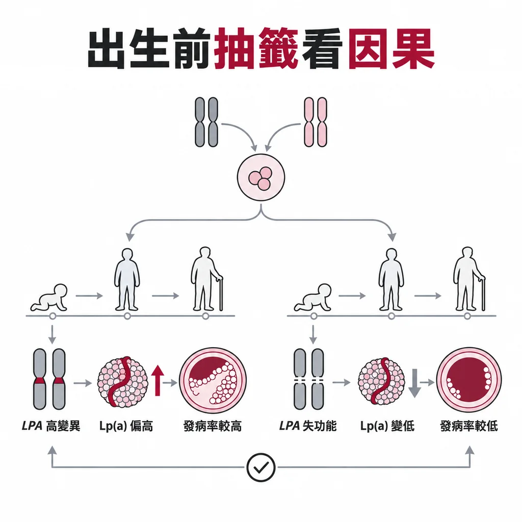 孟德爾隨機化像出生前就抽好的籤：天生帶著讓 Lp(a) 偏高的基因版本，和一般版本的人一輩子分成兩組