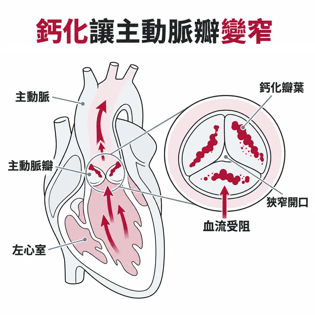 主動脈瓣像心臟出口的門，瓣葉長出鈣化變硬，中間的開口被擠窄