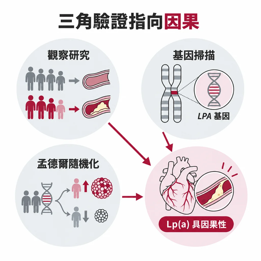 觀察研究、基因掃描、孟德爾隨機化三條獨立線索，都指向 Lp(a) 是心血管疾病的原因