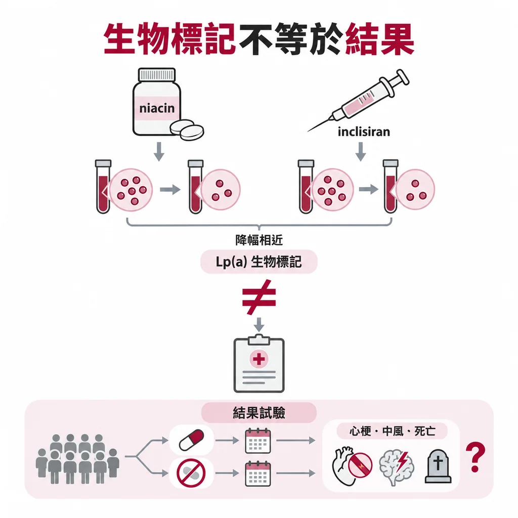 Lp(a) 降幅相近不等於臨床建議相同：抽血數字是生物標記，結果試驗才數得出心肌梗塞與中風有沒有變少