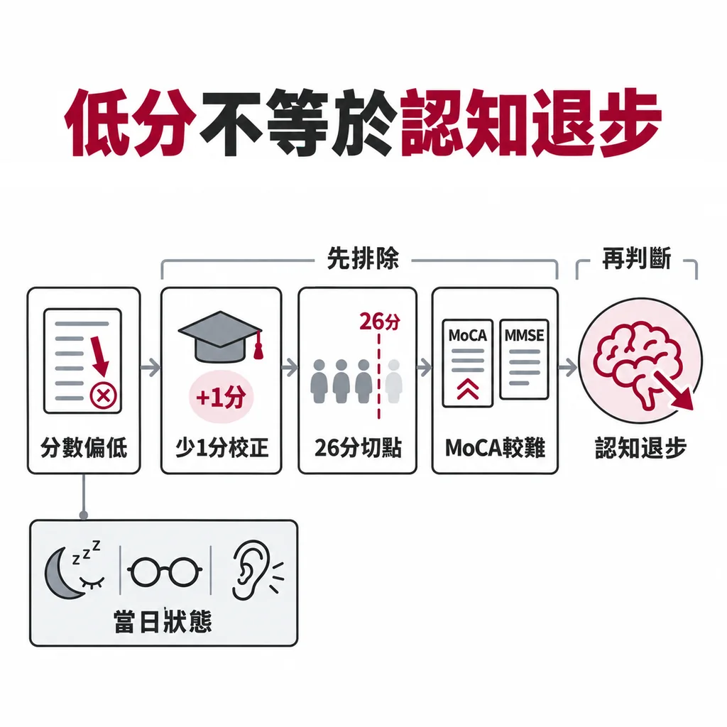 分數偏低的四種原因:未加教育校正、切點太嚴、測驗較難、真的認知退步