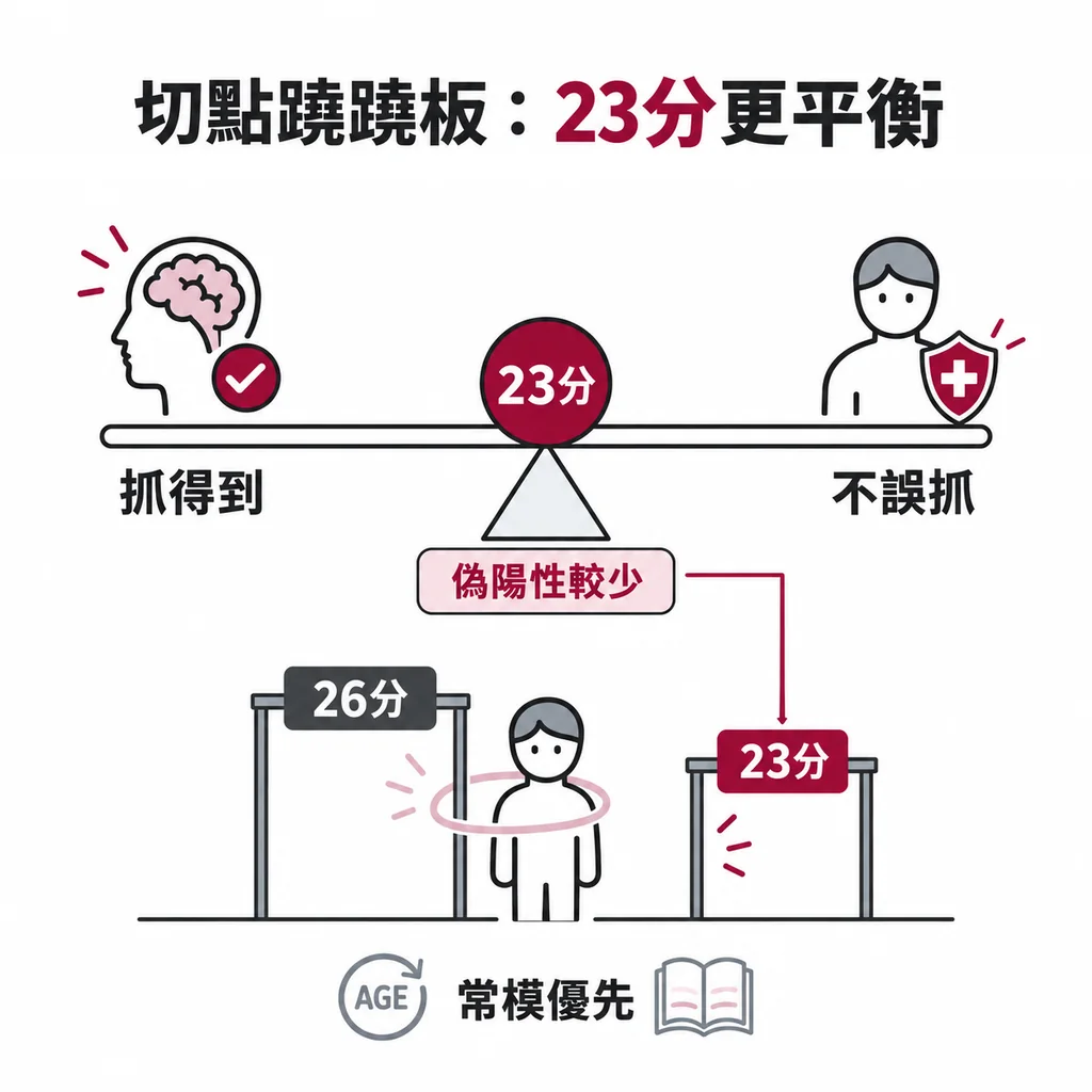切點像蹺蹺板:一頭是抓得到、一頭是不誤抓;研究認為 23 分比 26 分更平衡、偽陽性較少