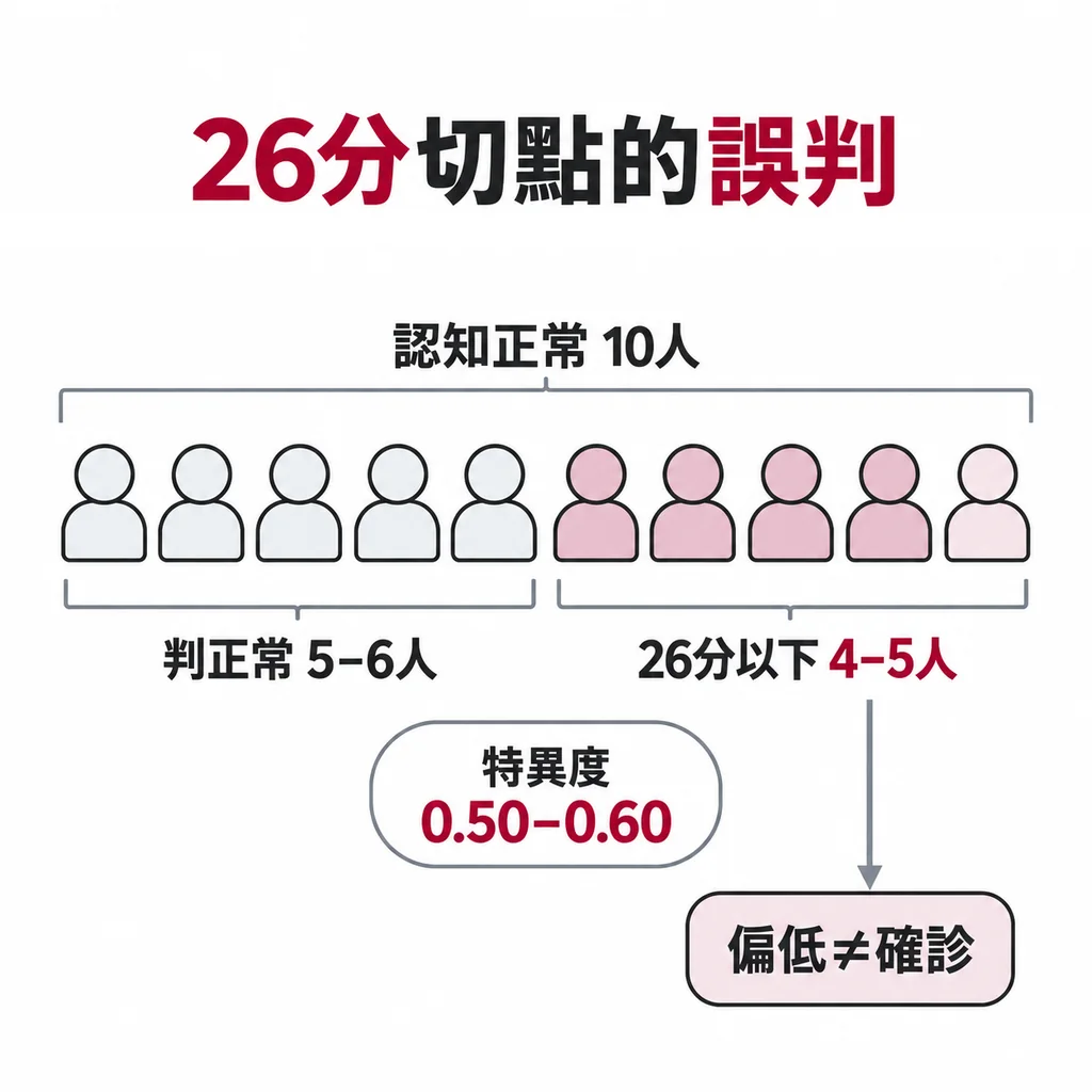 26 分切點特異度只有 0.50–0.60:10 位認知正常的人,約 4 到 5 位會考到 26 分以下