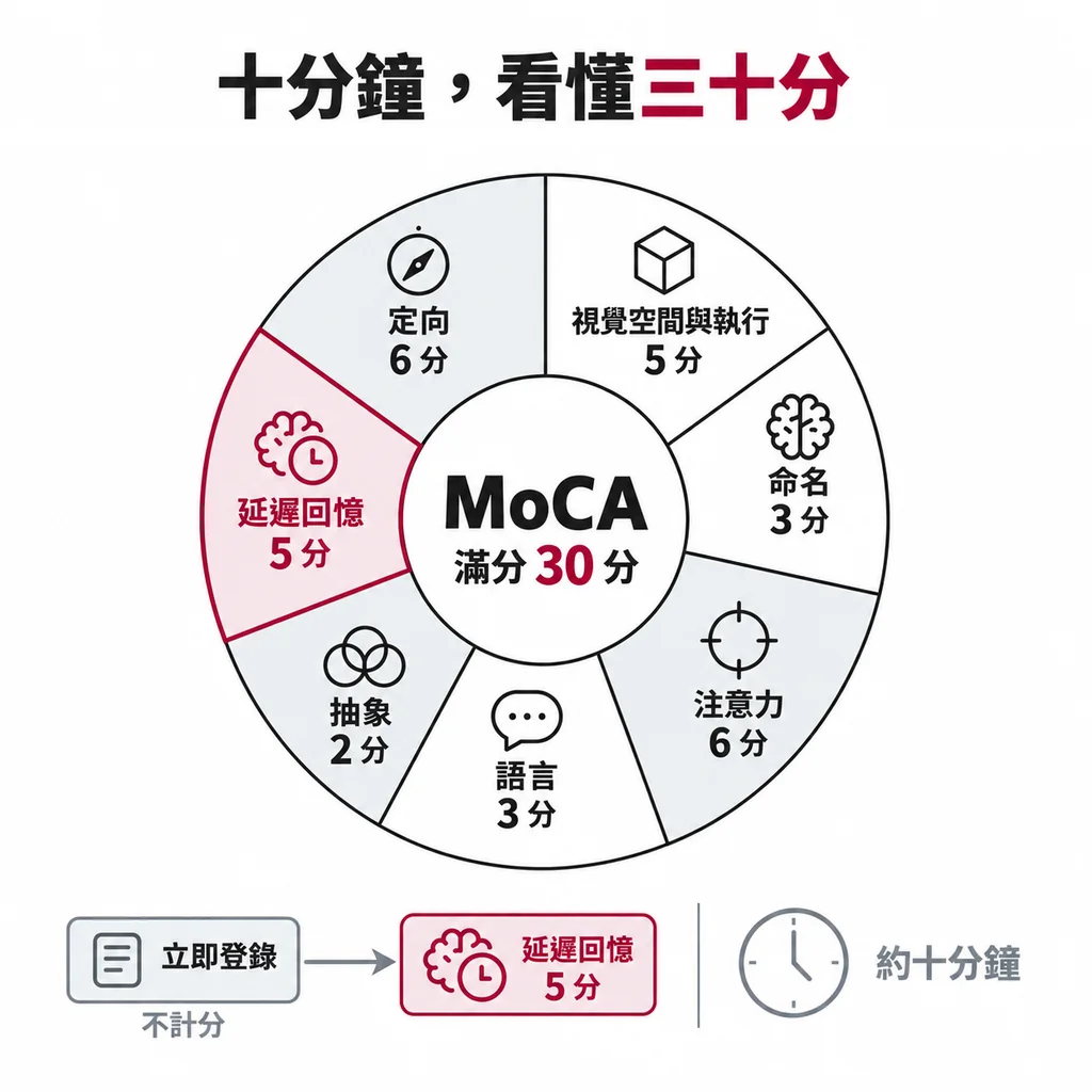 MoCA 滿分 30 分的配分:視覺空間與執行 5、命名 3、注意力 6、語言 3、抽象 2、延遲回憶 5、定向 6