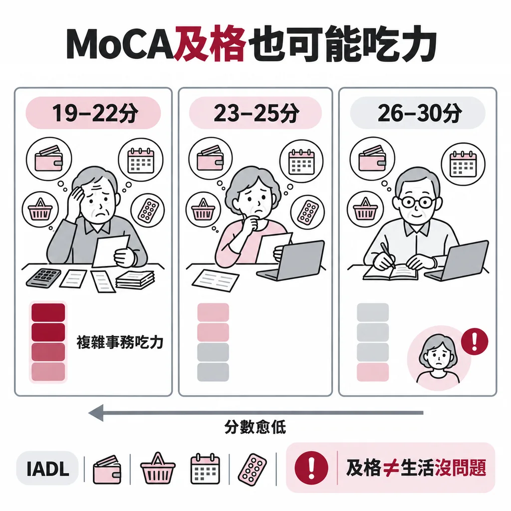 依 MoCA 分三組 19–22、23–25、26–30 分,複雜日常事務表現一組比一組差;及格者也可能有困難