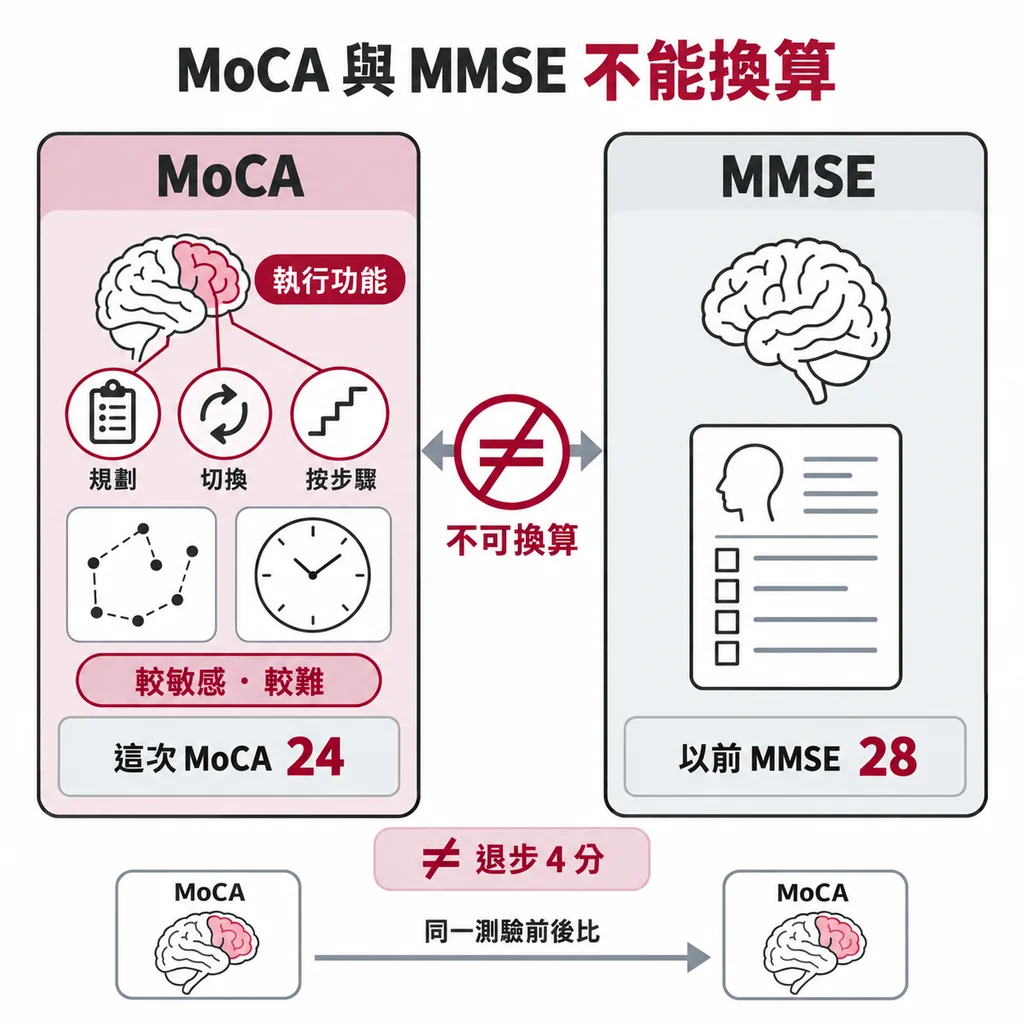 MoCA 比 MMSE 更細測執行功能,較敏感也較難;兩者分數不能互相換算