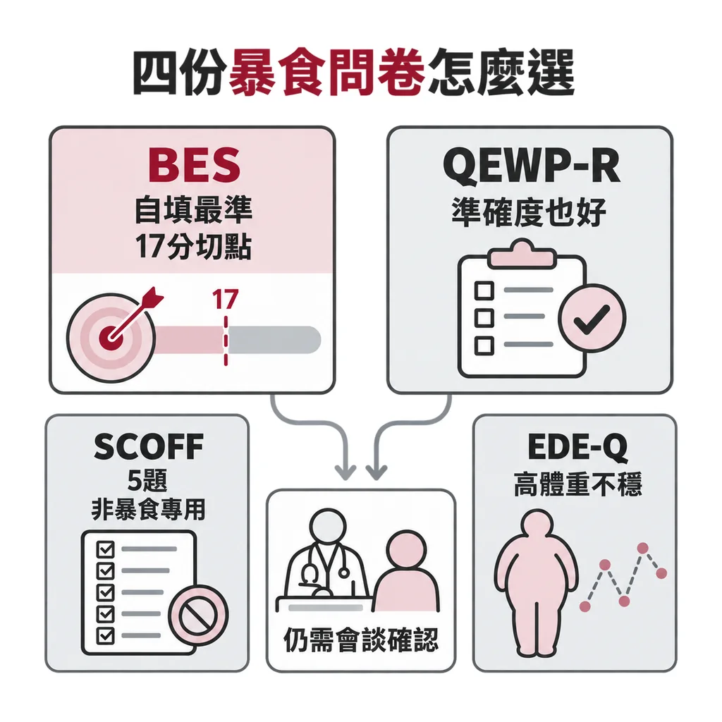 四份暴食相關問卷比較：BES 最準（切點 17）、QEWP-R 也好、SCOFF 非暴食症專用、EDE-Q 在高體重族群不穩
