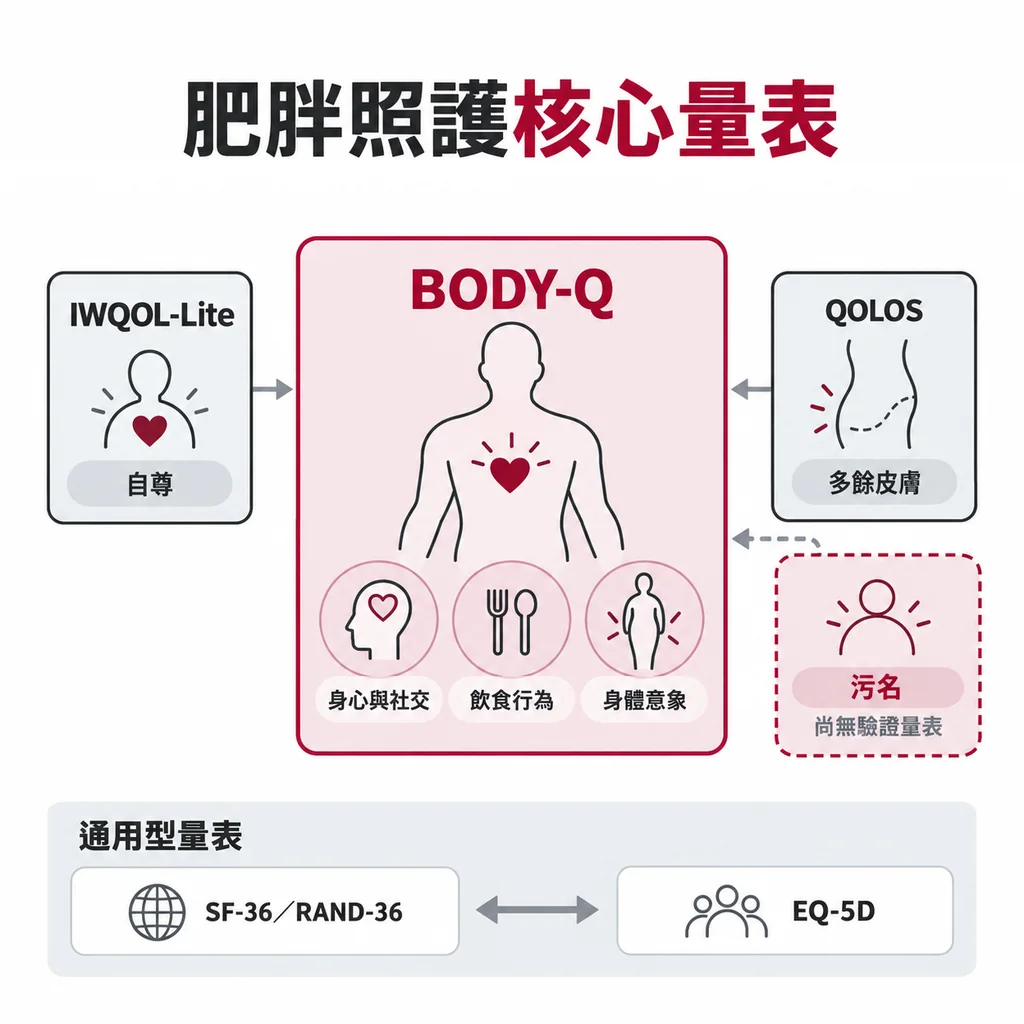 核心量表組合：多數面向用 BODY-Q、自尊用 IWQOL-Lite、多餘皮膚用 QOLOS；污名目前沒有驗證量表
