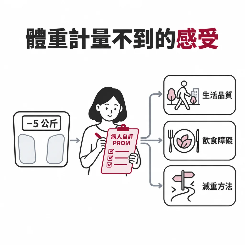 體重計只給一個數字；病人自評量表（PROM）記錄病人自己的感受，分三類：生活品質、飲食障礙、減重方法