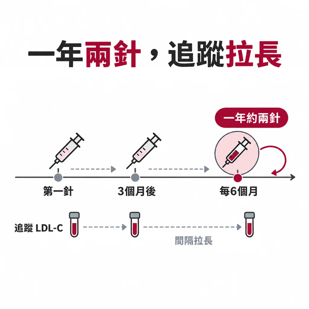 inclisiran 的打針時程:第一針、三個月後第二針、之後每六個月一針,一年約兩針;追蹤 LDL-C 的間隔也跟著拉長