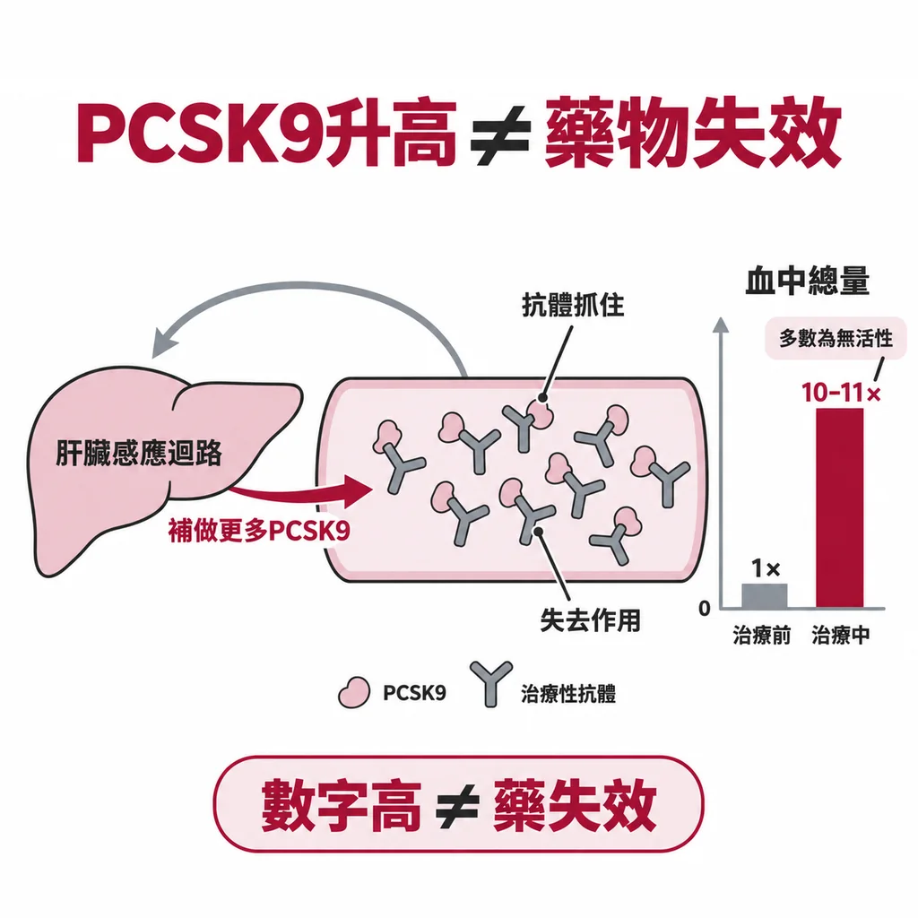 開始打 PCSK9 抑制劑後,血液中的 PCSK9 反而升高約 10 到 11 倍,但多數已被抗體抓住而沒有作用;肝臟感應迴路補做更多 PCSK9