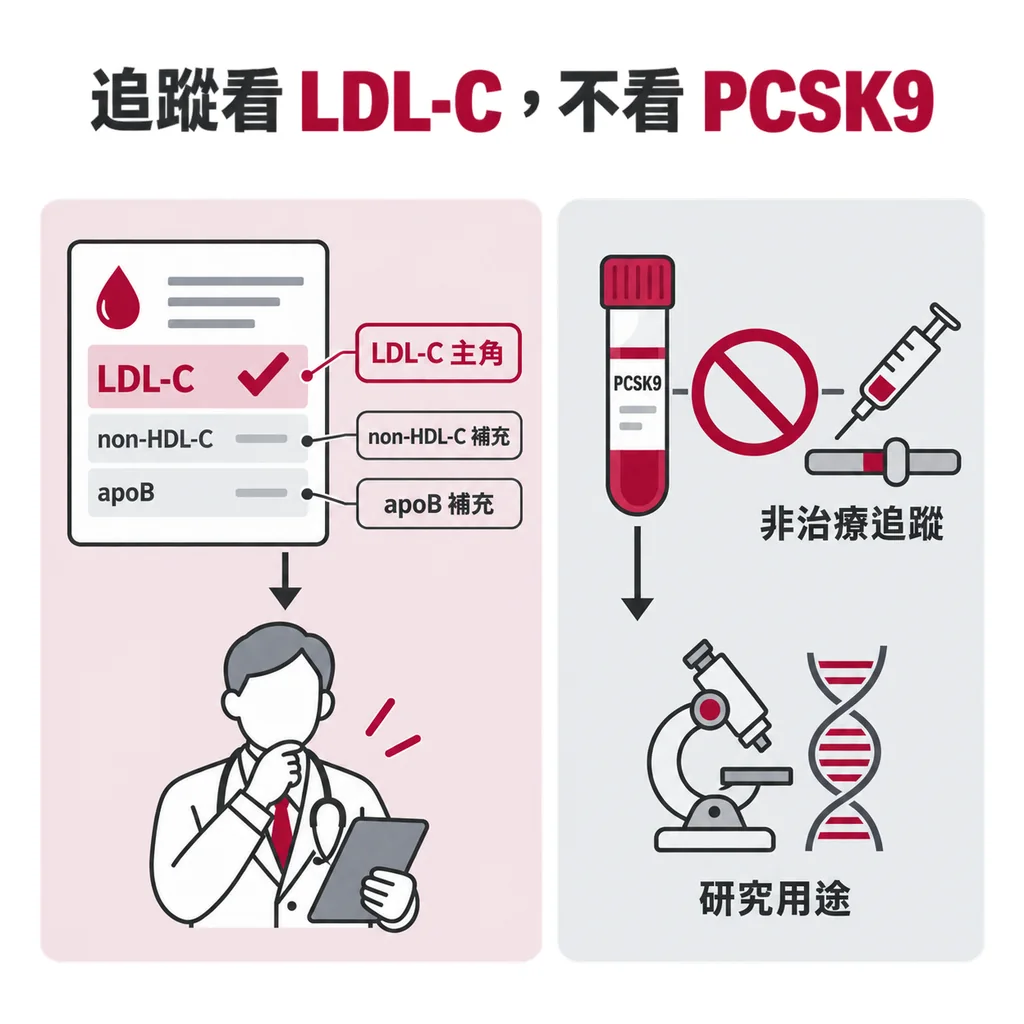拿到報告時要看的是 LDL-C(non-HDL-C、apoB 為補充),不是 PCSK9;PCSK9 檢驗主要用在研究
