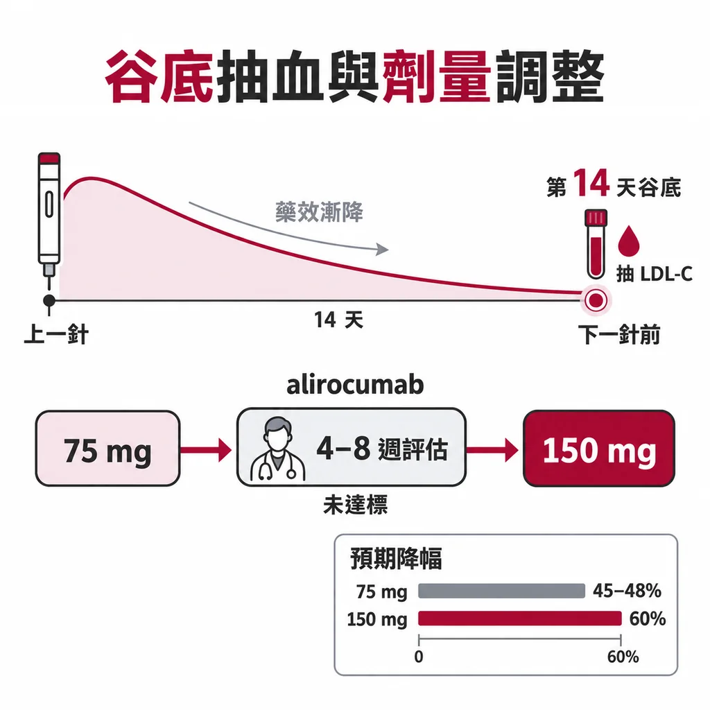 每兩週打一次的單株抗體,LDL-C 要在下一針前、約上一針後第 14 天的谷底抽血;alirocumab 若 4 到 8 週未達標可由 75 mg 調到 150 mg