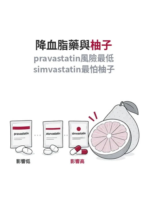 吃降血脂藥能不能吃柚子？看藥名就知道：pravastatin 幾乎不受影響，simvastatin 最怕柚子