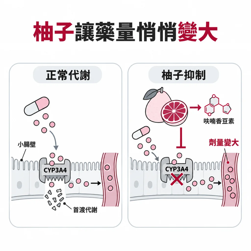 小腸壁的 CYP3A4 像碎紙機，會先分解一部分藥物；柚子裡的呋喃香豆素讓它停擺，藥全數通過，實際進到身體的劑量就悄悄變大