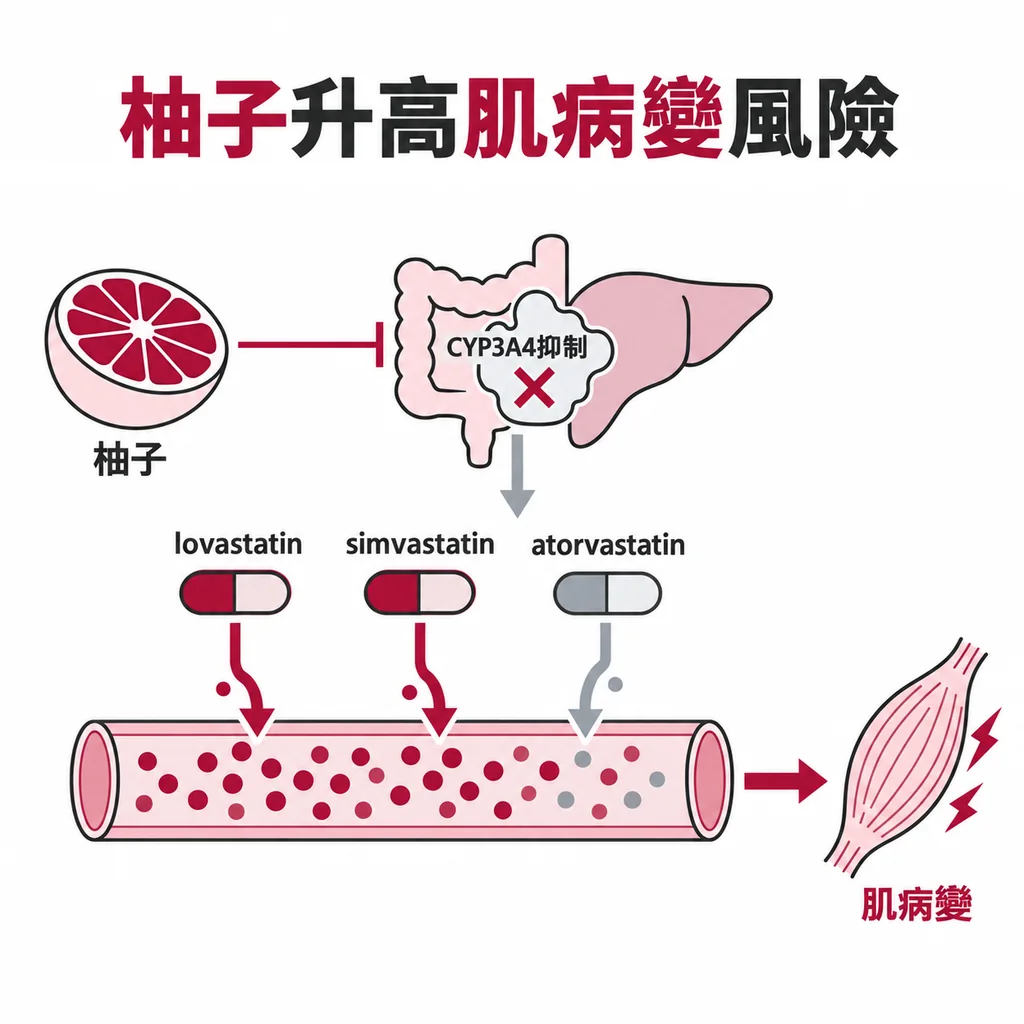 lovastatin、simvastatin、atorvastatin 大量經過 CYP3A4 代謝，吃柚子後血中濃度明顯升高，以前兩種最明顯，肌病變風險隨之上升