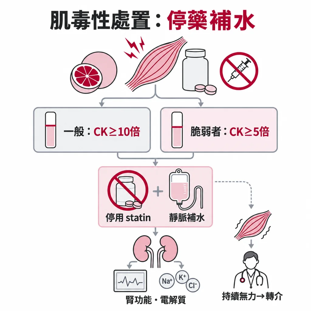 柚子造成的肌肉毒性沒有解藥：CK 達正常上限 10 倍、脆弱者 5 倍就停藥並靜脈補水，同時監測腎功能與電解質