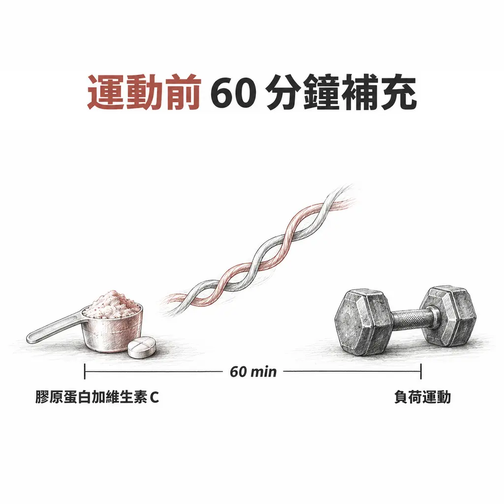 時間軸圖,膠原蛋白粉與維生素 C 在負荷運動前 60 分鐘補充,中間為膠原蛋白三股螺旋線稿