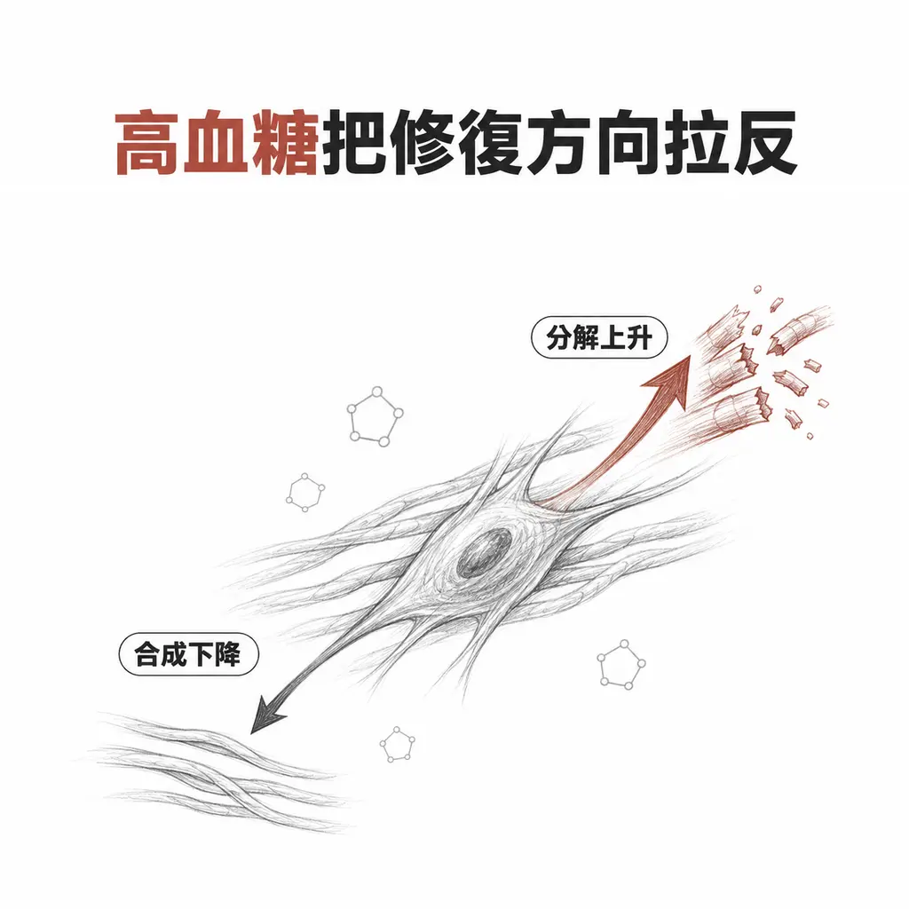 肌腱細胞線稿,高血糖環境下膠原合成下降、基質分解上升,兩個方向以箭頭表示