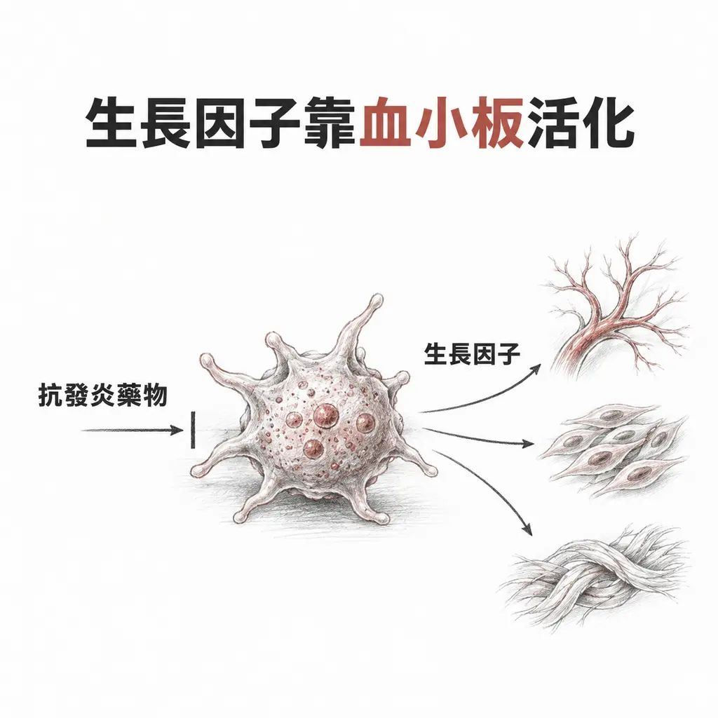 血小板活化後釋放生長因子促成新生血管、修復細胞與膠原蛋白,抗發炎藥物在活化這一步被擋下
