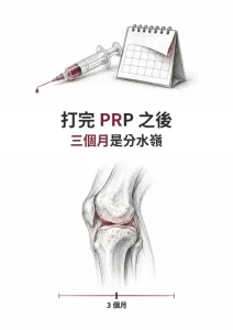 上方針筒與日曆線稿，下方膝關節與時間軸，三個月處標記為判斷有無反應的分水嶺