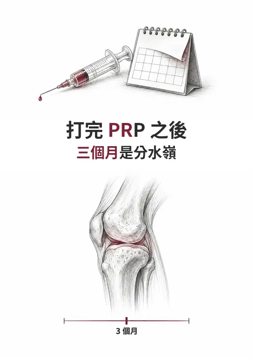 上方針筒與日曆線稿，下方膝關節與時間軸，三個月處標記為判斷有無反應的分水嶺
