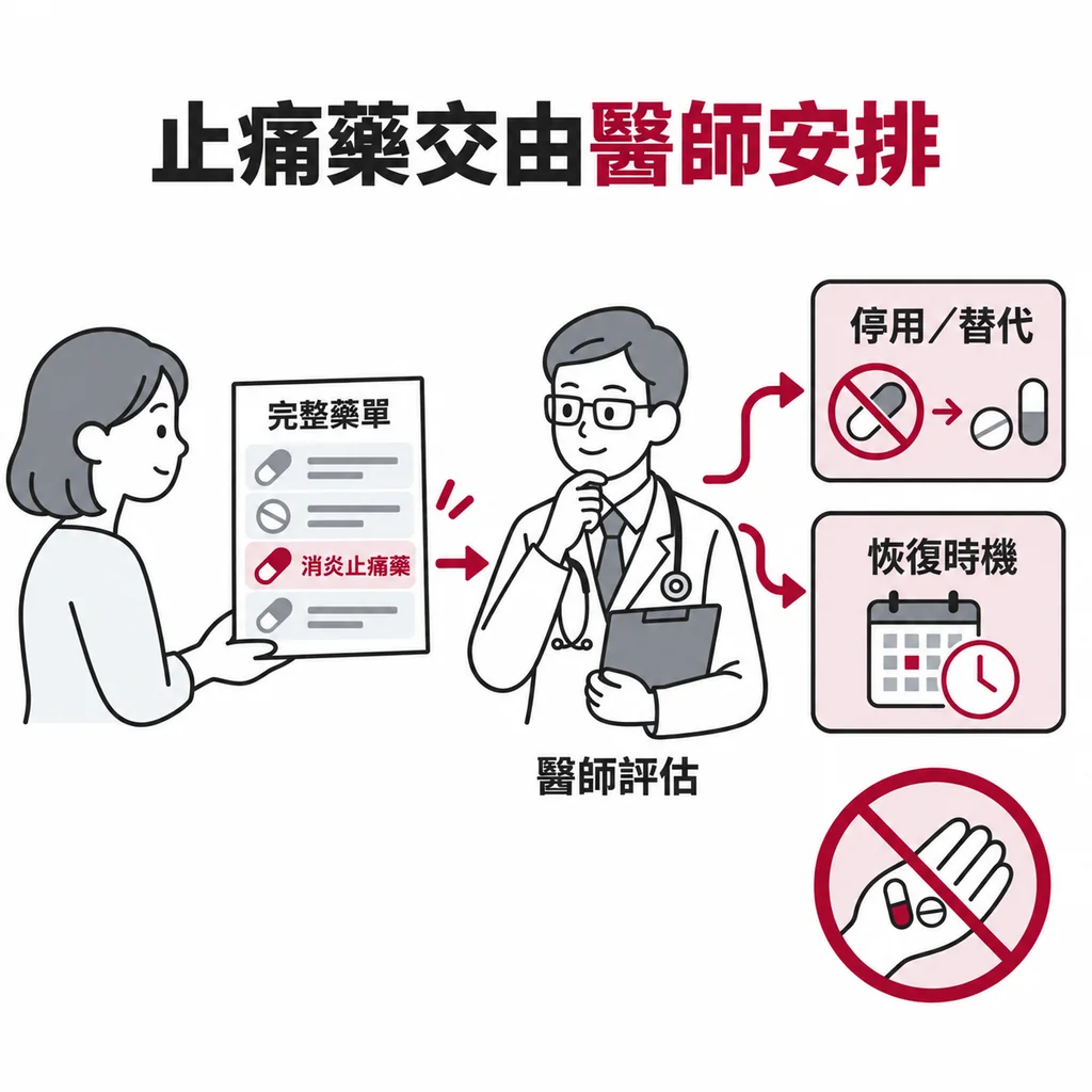 病人把列有所有在吃藥物的清單交給醫師，消炎止痛藥被特別標出，停用與替代方案由醫師安排