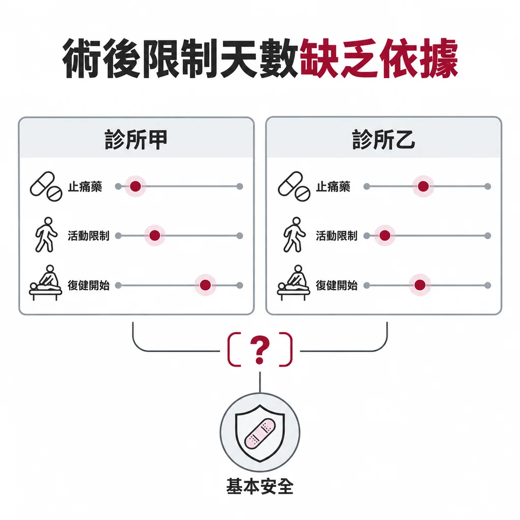 兩張來自不同診所的 PRP 術後衛教單，被標示的限制項目落在不同位置，說明這些流程缺乏依據