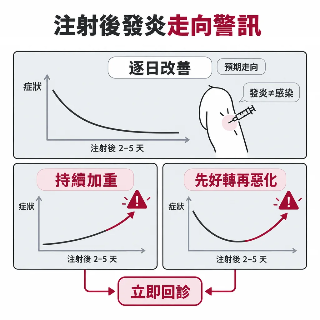 注射後的發炎反應應該一天比一天好，若先好轉又惡化或持續加重就不屬於預期走向，要立刻回診