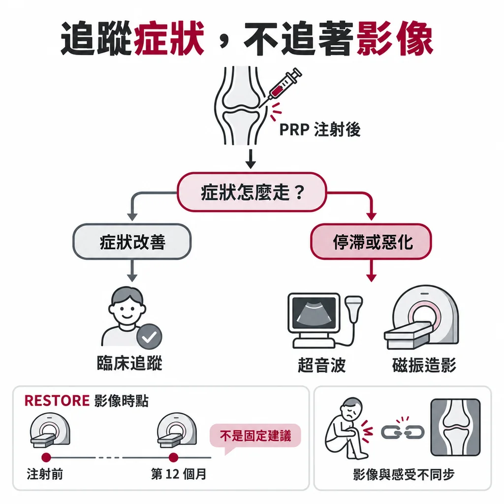 注射後的處置決定由症狀帶動，重複影像留給症狀停滯或惡化的情況，而不是固定間隔的例行追蹤