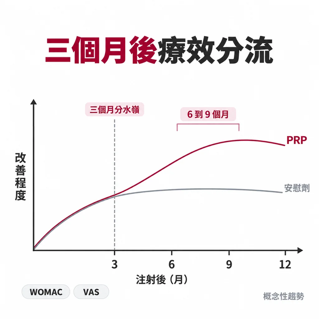 折線圖顯示 PRP 與安慰劑的療效曲線在前期重疊，約三個月後才分開，PRP 這條在後段才明顯上升