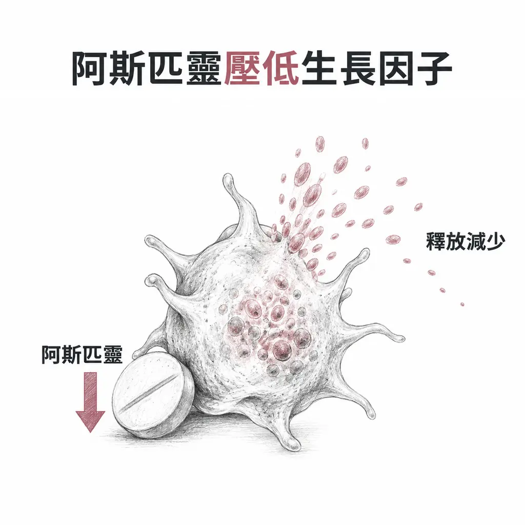 活化的血小板釋放生長因子顆粒,顆粒流在一側變得稀疏,旁邊一顆阿斯匹靈藥錠與向下箭頭,表示釋放量減少