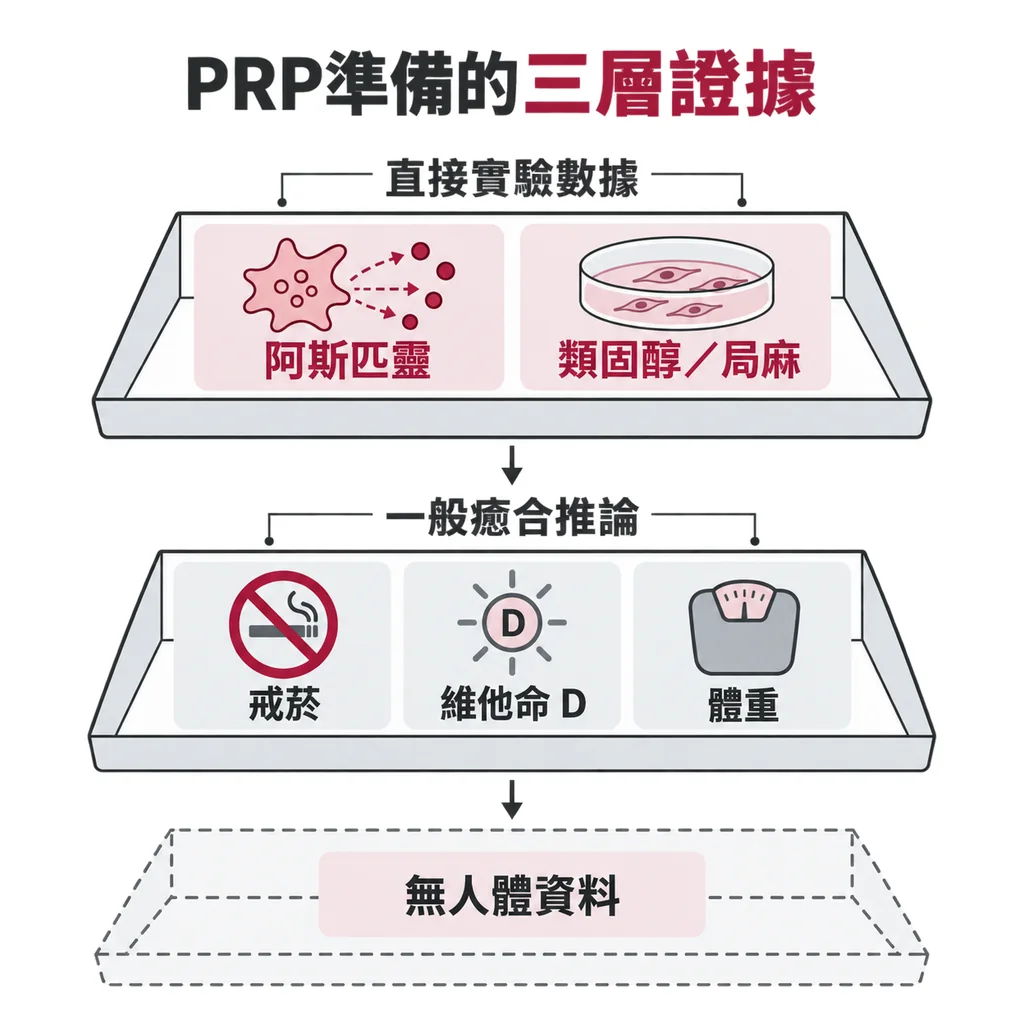 三層托盤示意：最上層有直接實驗數據（止痛藥與類固醇），中層是從一般傷口癒合推論而來（戒菸、維他命 D、體重），最下層以虛線表示沒有人體資料