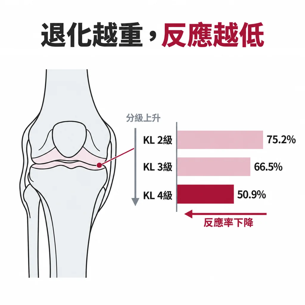 膝關節線稿旁三條逐級變短的橫條，分別標示 75.2%、66.5%、50.9%，代表 Kellgren-Lawrence 分級越高治療反應率越低