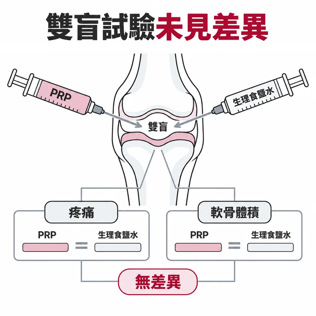 兩支針筒分別注入同一個膝關節，一支標示 PRP、一支標示生理食鹽水，說明雙盲試驗中兩組結果沒有差別
