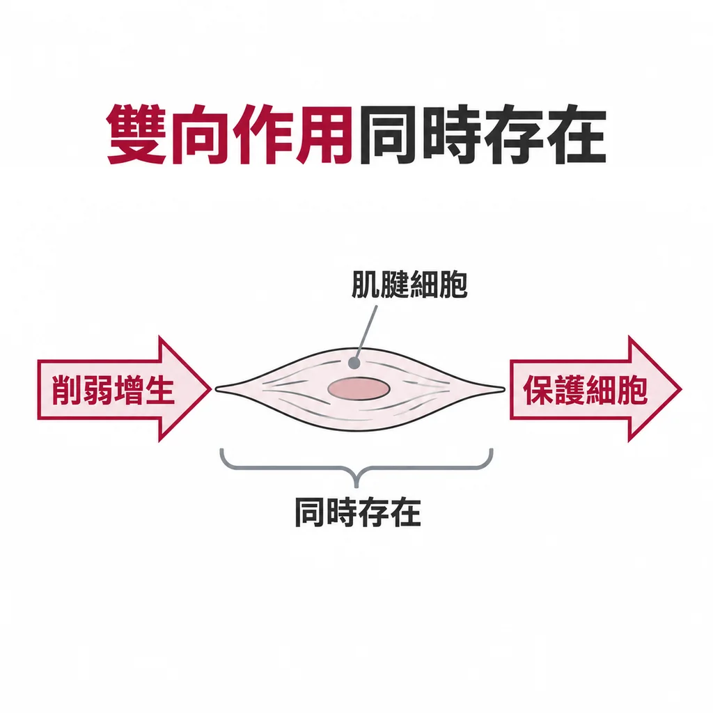 一個梭形肌腱細胞，一支箭頭指入標示削弱增生，另一支箭頭向外標示保護細胞，表示兩個相反方向的作用同時存在