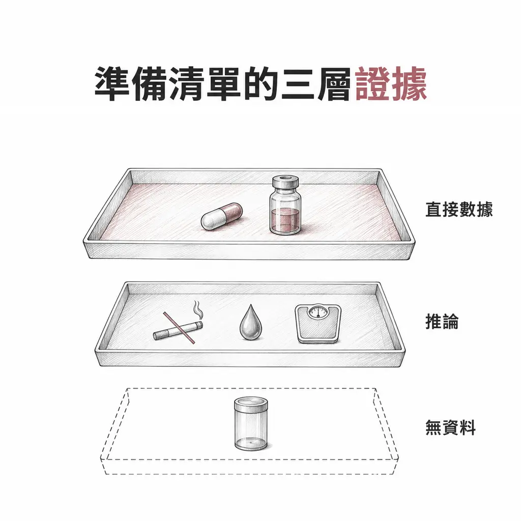 三層托盤示意:最上層有直接實驗數據(止痛藥與類固醇),中層是從一般傷口癒合推論而來(戒菸、維他命 D、體重),最下層以虛線表示沒有人體資料
