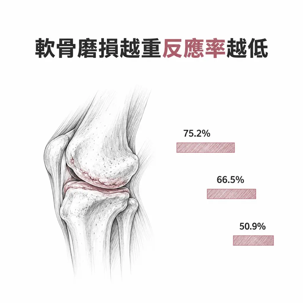 膝關節線稿旁三條逐級變短的橫條,分別標示 75.2%、66.5%、50.9%,代表 Kellgren-Lawrence 分級越高治療反應率越低