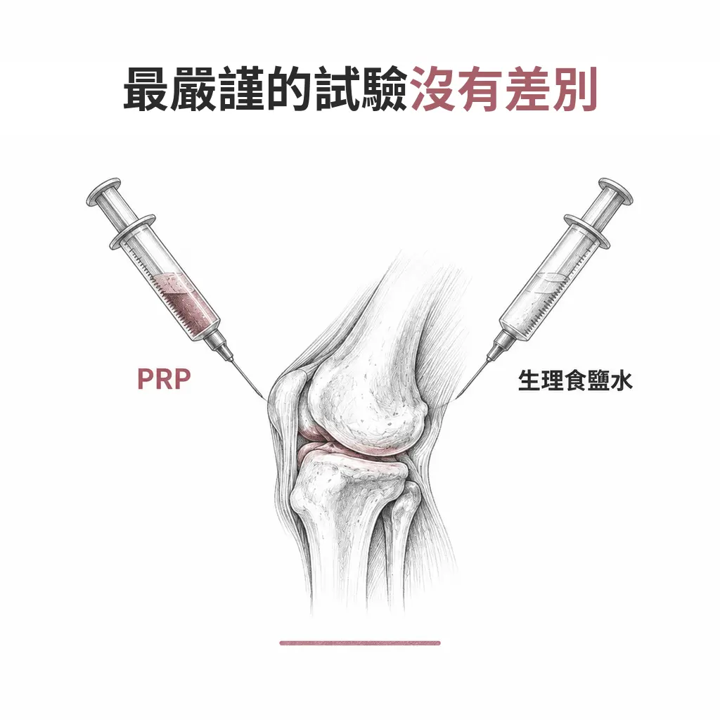 兩支針筒分別注入同一個膝關節,一支標示 PRP、一支標示生理食鹽水,說明雙盲試驗中兩組結果沒有差別