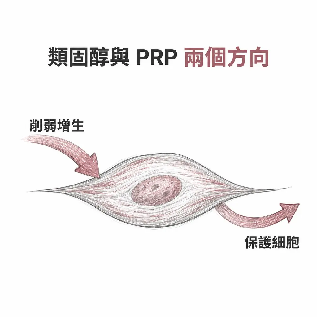 一個梭形肌腱細胞,一支箭頭指入標示削弱增生,另一支箭頭向外標示保護細胞,表示兩個相反方向的作用同時存在