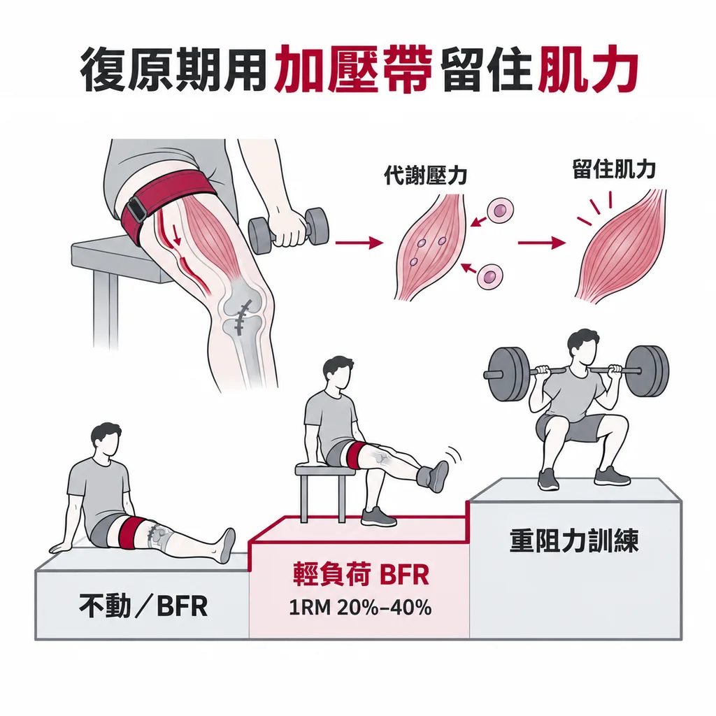 階梯示意圖，加壓帶低負荷訓練填補在還不能高負荷訓練的那一階，讓肌力在復原期間留住