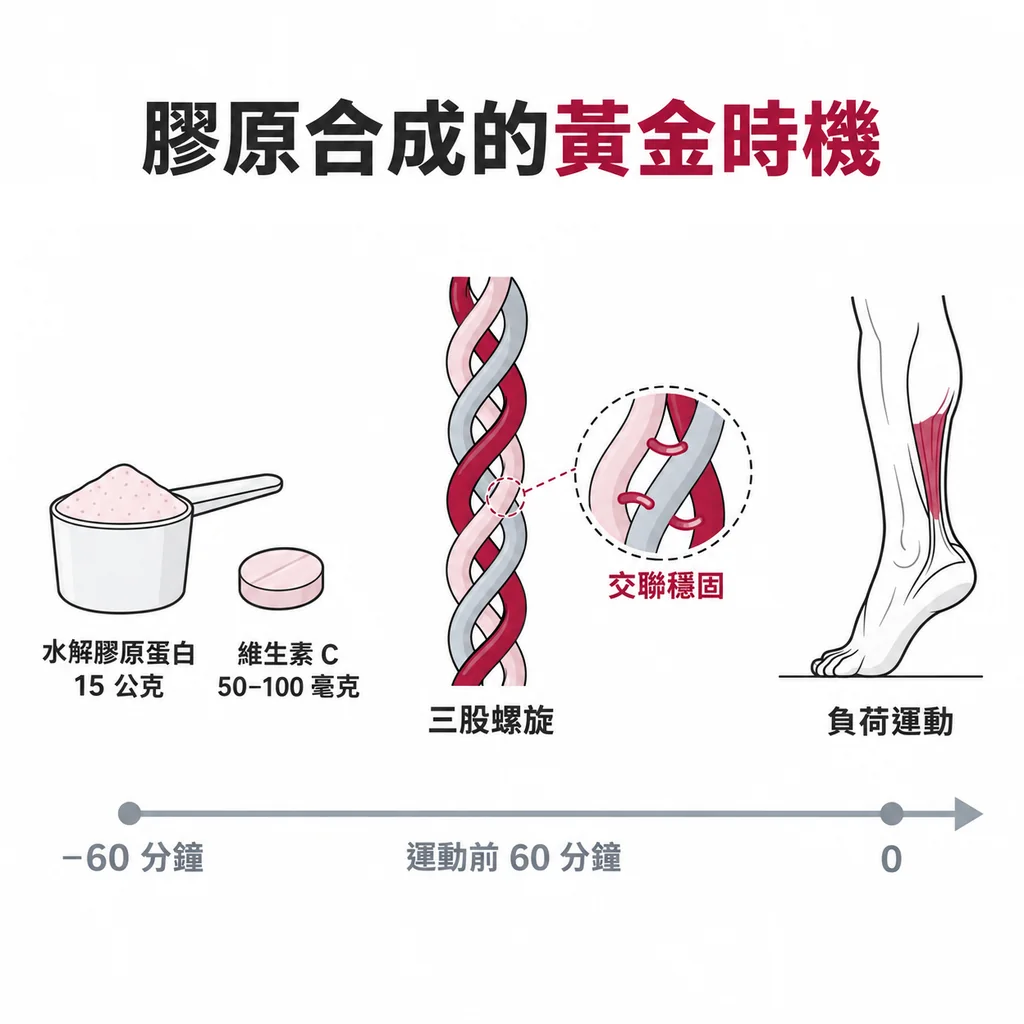 時間軸圖，膠原蛋白粉與維生素 C 在負荷運動前 60 分鐘補充，中間為膠原蛋白三股螺旋線稿