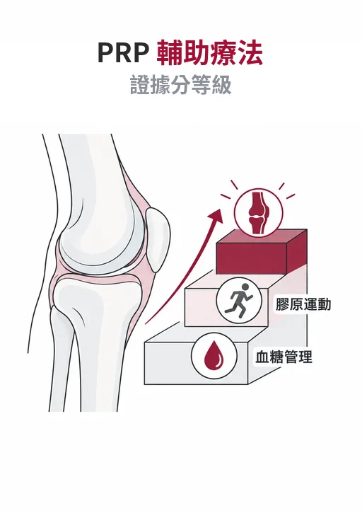 膠原蛋白罐、加壓帶與止痛藥板的線稿，代表打完 PRP 之後三類輔助措施的證據強度分級