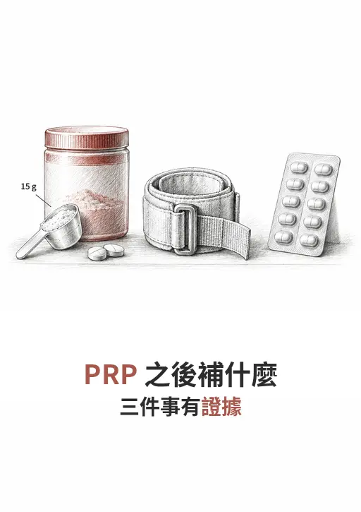 膠原蛋白罐、加壓帶與止痛藥板的線稿，代表打完 PRP 之後三類輔助措施的證據強度分級