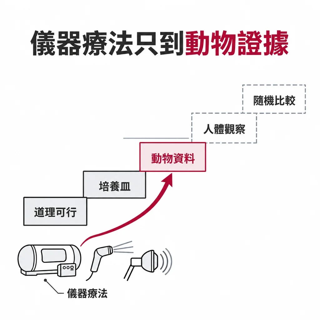 高壓氧、雷射與震波等儀器類輔助療法擺在證據階梯的動物資料那一層，尚未累積到人體資料